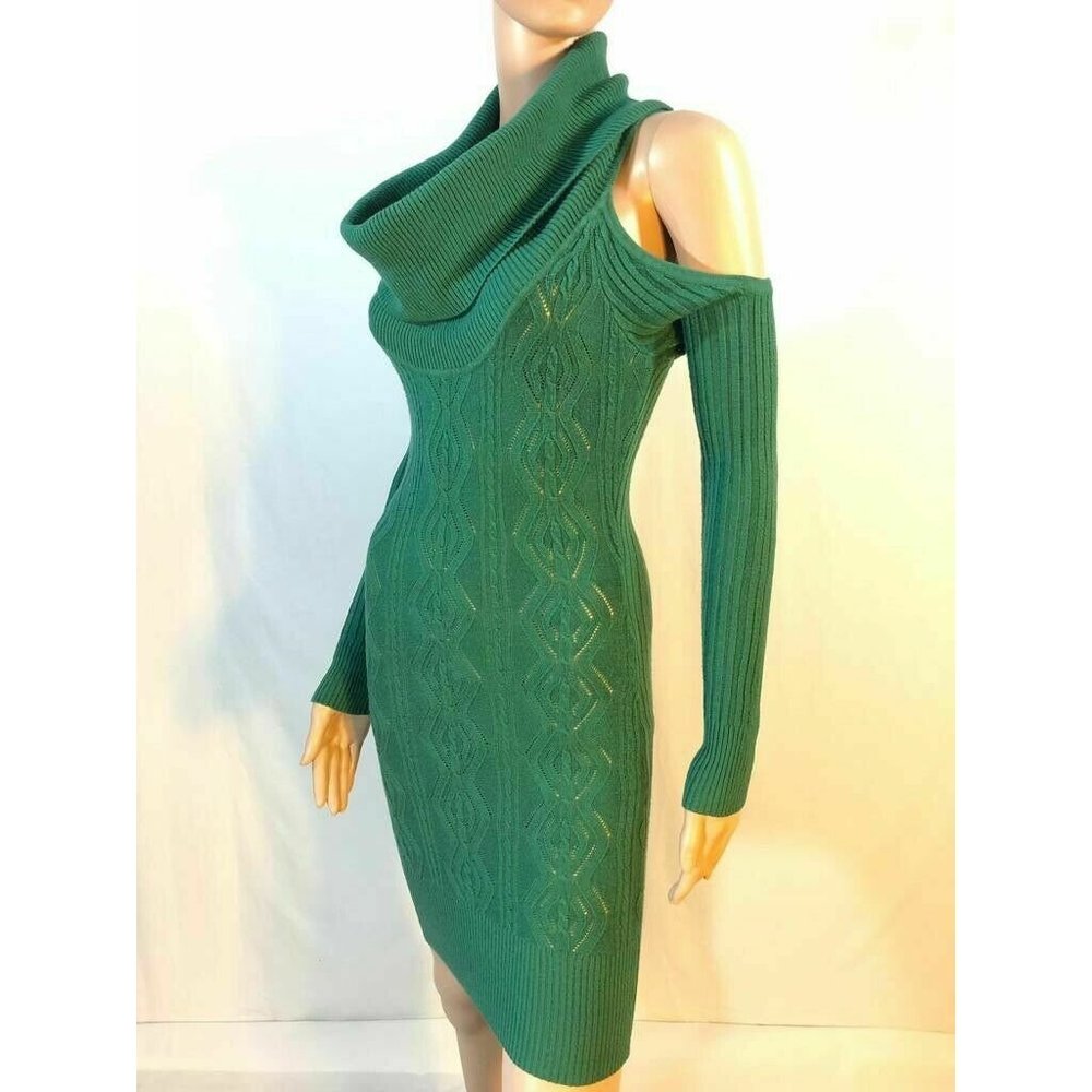 Arden B Womens Sweater Green Dress Cable Knit Cold Shoulder Cowl Neck Size XS - Picture 4 of 8